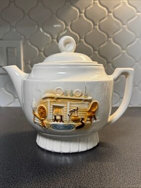 Vintage Porcelier vitreous China Teapot with Country Hearth Relief